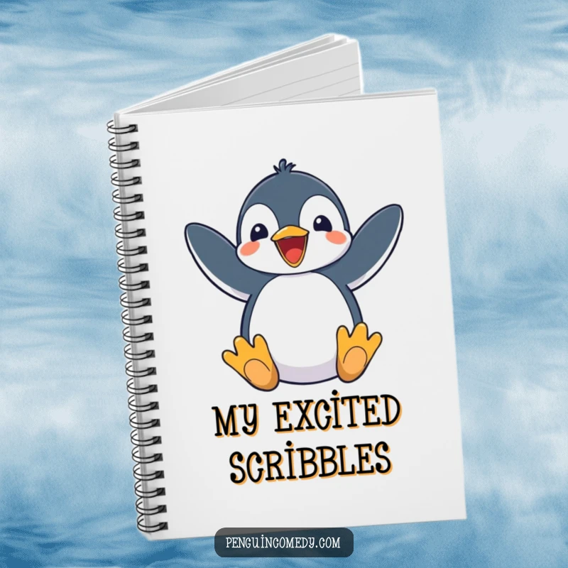 Funny Penguin Notebook cover displays an excited penguin flapping its flippers, symbolizing enthusiasm and ideas.