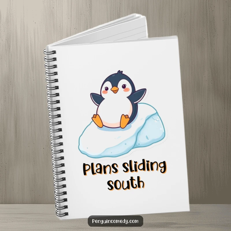 Funny Notebook cover featuring a cheerful penguin sliding down an icy hill, ideal for writing, drawing, and note-taking, a fun funny gift.