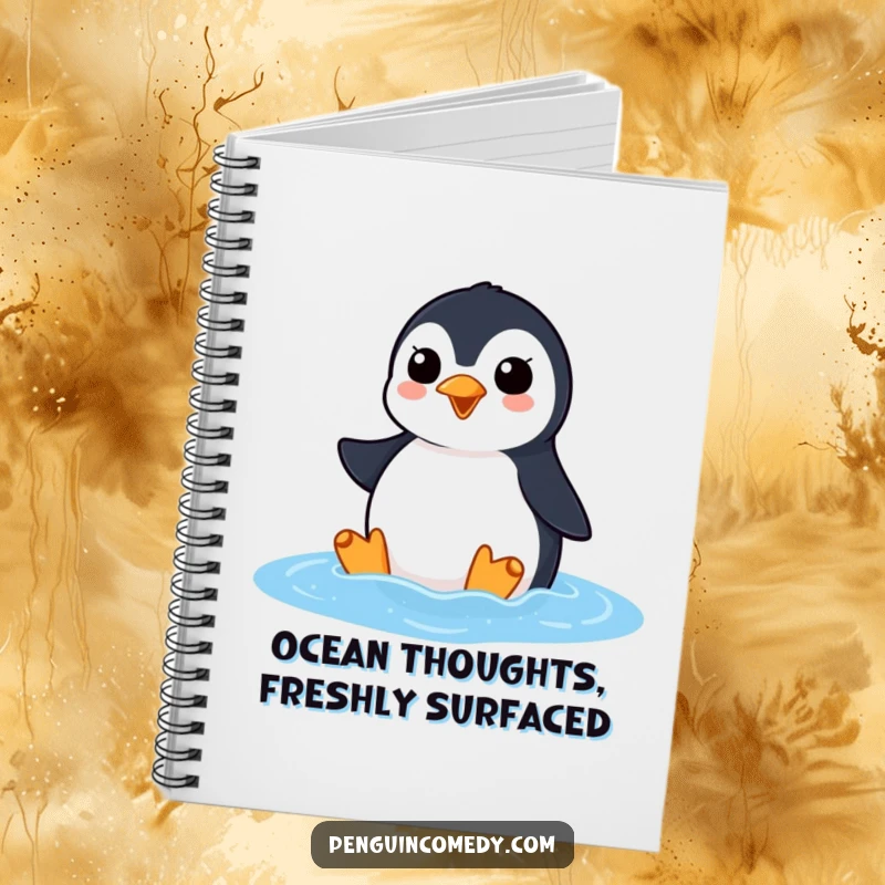 Funny penguin notebook with an excited penguin squawking as it surfaces from the ocean, perfect for jotting down notes with lively flair.