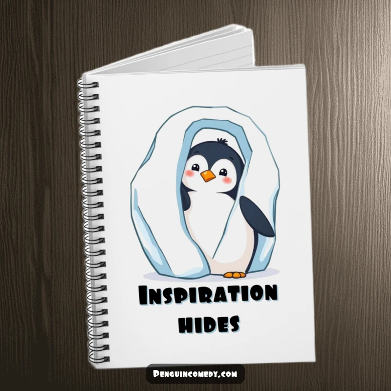 Funny notebook with a curious penguin peeking from behind a large iceberg, ready for your notes.