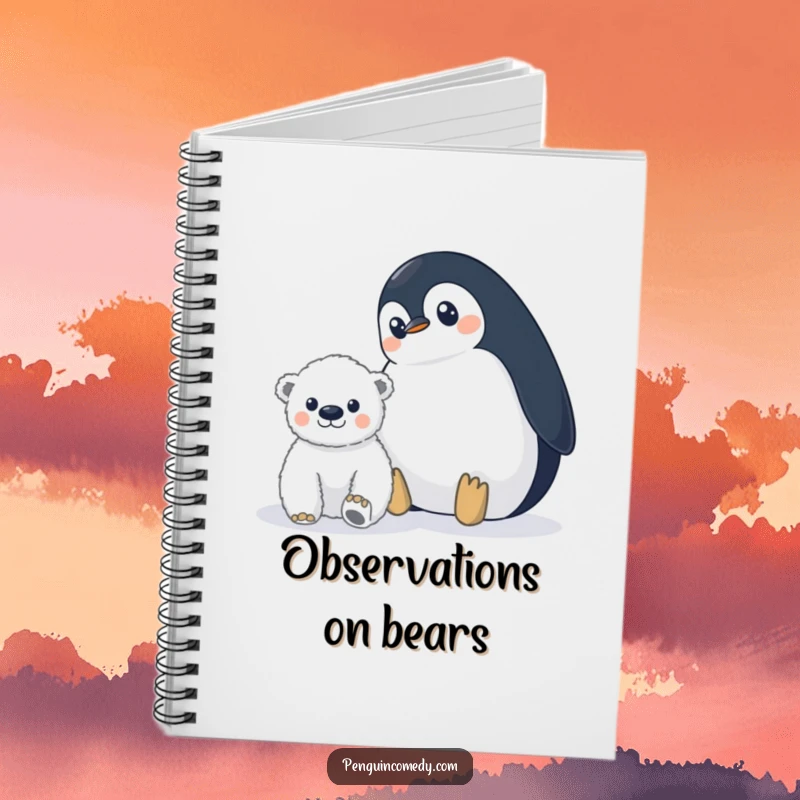 Funny penguin notebook with a wide-eyed penguin watching a distant polar bear cub, perfect for jotting down notes with hilarious awareness.