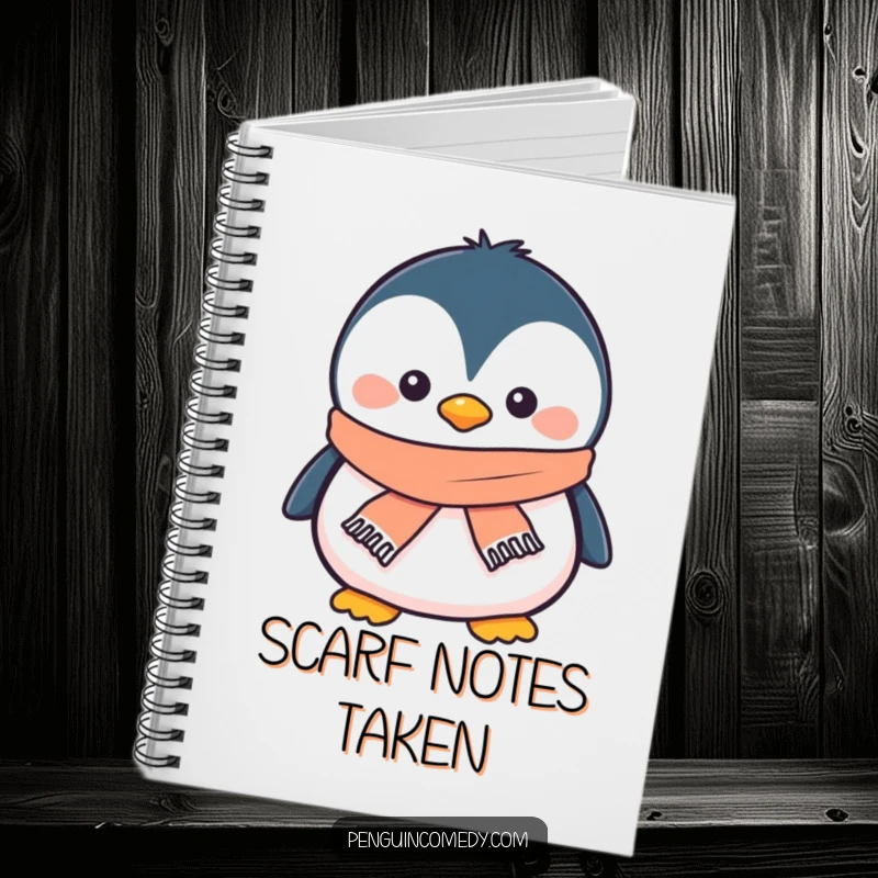 Funny penguin notebook with a smiling penguin wearing a tiny scarf, perfect for jotting down cozy thoughts.