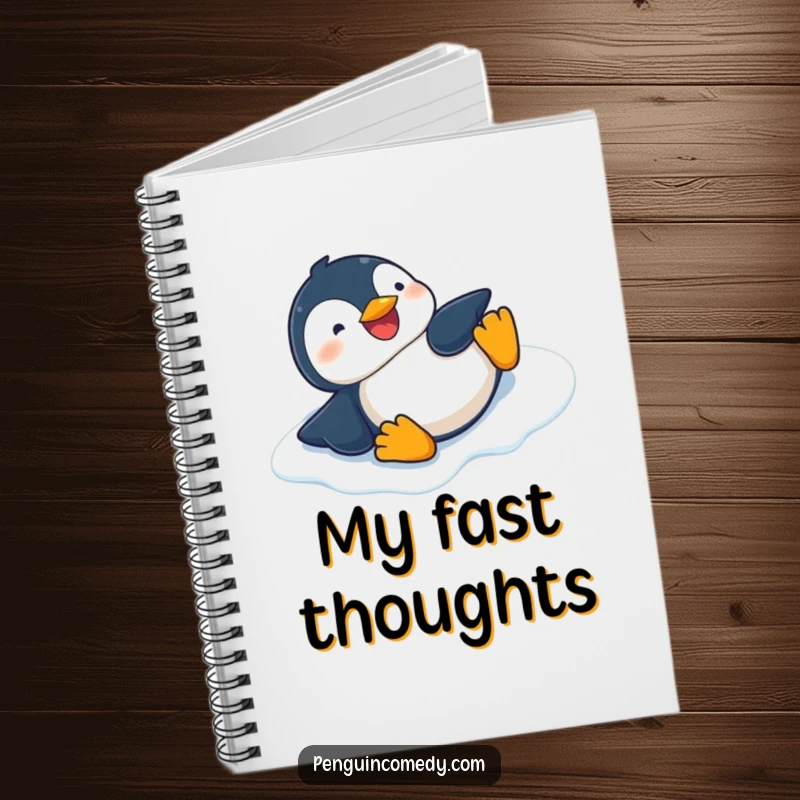 Funny ruled notebook with a giggling penguin sliding on its belly down an icy slope, ideal for journaling.