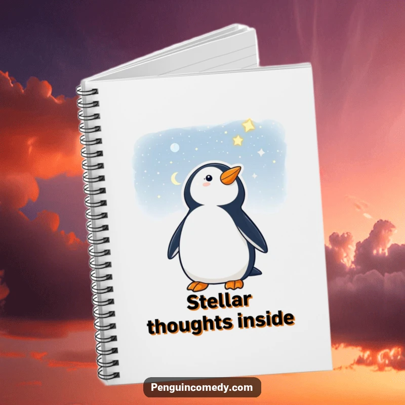 Funny notebook with a penguin looking up at a starry night, ideal for journaling cosmic thoughts.