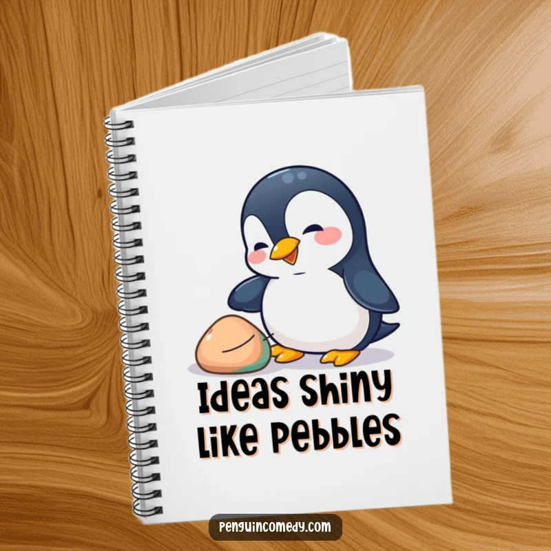 Funny penguin notebook with a playful penguin nudging a colorful pebble with its beak, perfect for jotting down notes with whimsical flair.