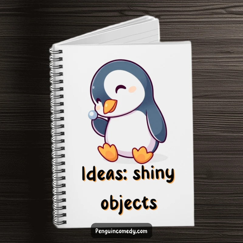 Funny penguin notebook, a curious bird peeking with a tilted head, drawn to a shiny object, inspiring creative writing.