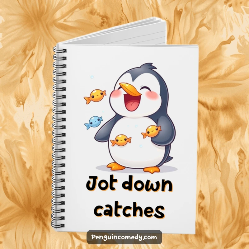 Funny notebook with a grinning penguin juggling shiny fish, ready for your notes and ideas.