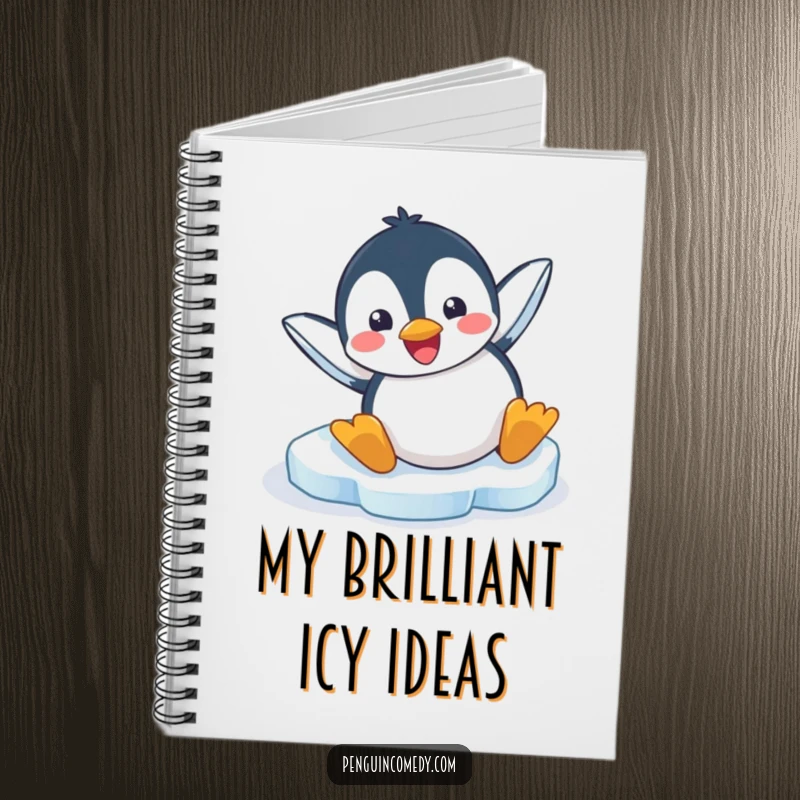 Funny notebook cover with a penguin comically sliding headfirst on ice, inspiring creative writing and notes.