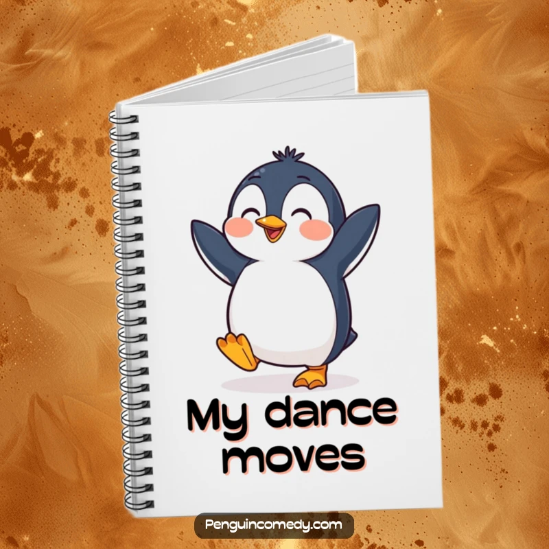 Funny penguin notebook with a cheerful bird in a dancing pose, ready to inspire funny thoughts and creative notes.