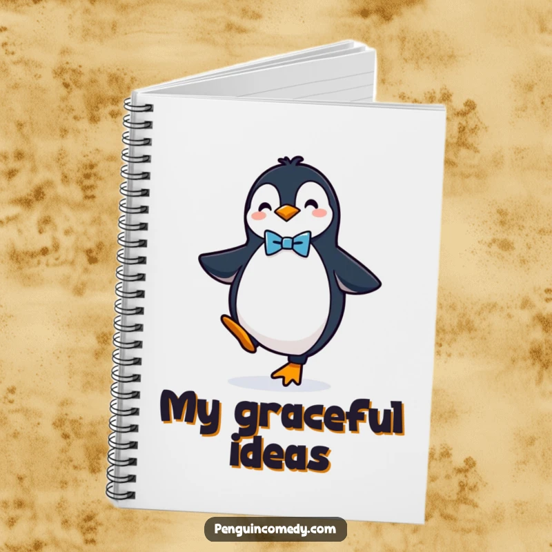 Funny notebook featuring a dapper penguin in a bow tie balancing, perfect for stylish note-taking.
