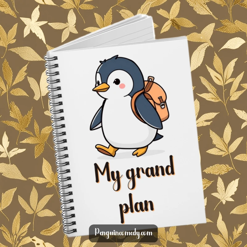 Funny notebook with a penguin carrying a backpack, marching with purpose, ideal for journaling adventures with a hint of humor.