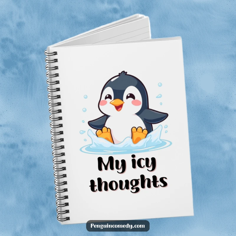 Funny notebook cover featuring a smiling penguin energetically splashing in cold, clear water, inspiring cool ideas.