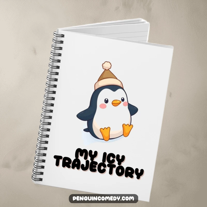 Funny Penguin Hat Notebook: A cute penguin in a tiny hat slides down an icy slope, perfect for jotting down winter thoughts.