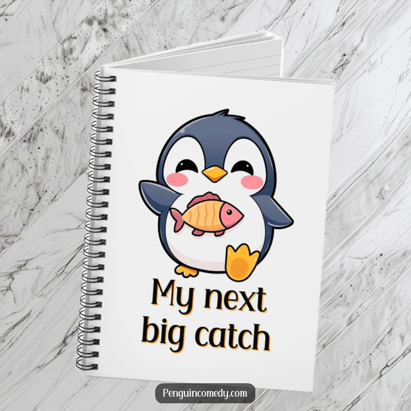 Funny notebook with a delighted penguin proudly holding a fish icon, perfect for note-taking joy.