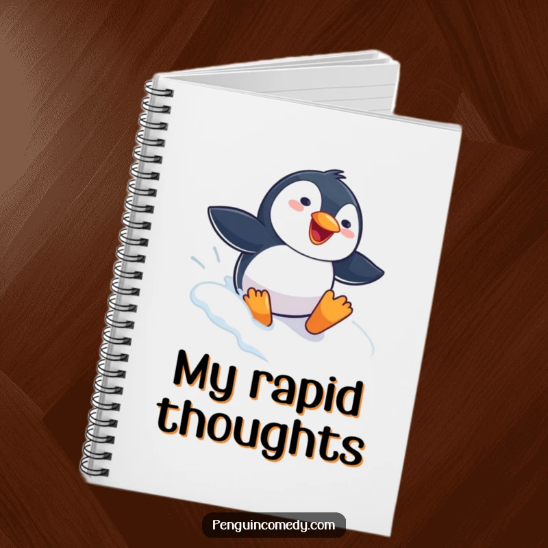 Funny Penguin Notebook with a gleeful penguin sliding headfirst down a snowy slope, perfect for capturing thoughts with winter fun.