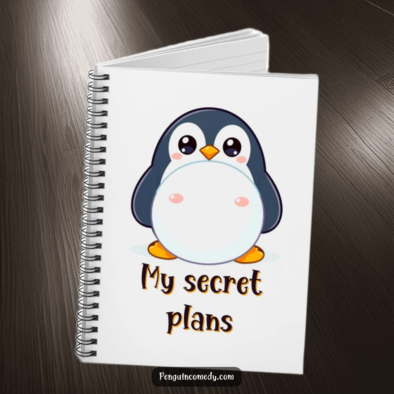Funny notebook featuring a shy penguin peeking from behind a snowball, ideal for jotting notes with charm.