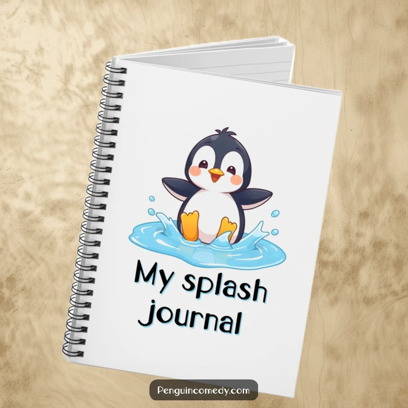 Funny Notebook: A playful penguin character splashing in a bright blue puddle, perfect for jotting down ideas.