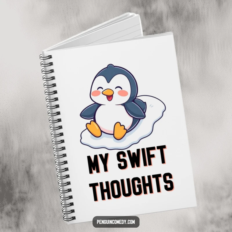 Funny Penguin Sliding Down Icy Hill Notebook, a cute notebook cover illustrating a penguin gleefully sliding down a snowy slope for funny notes.