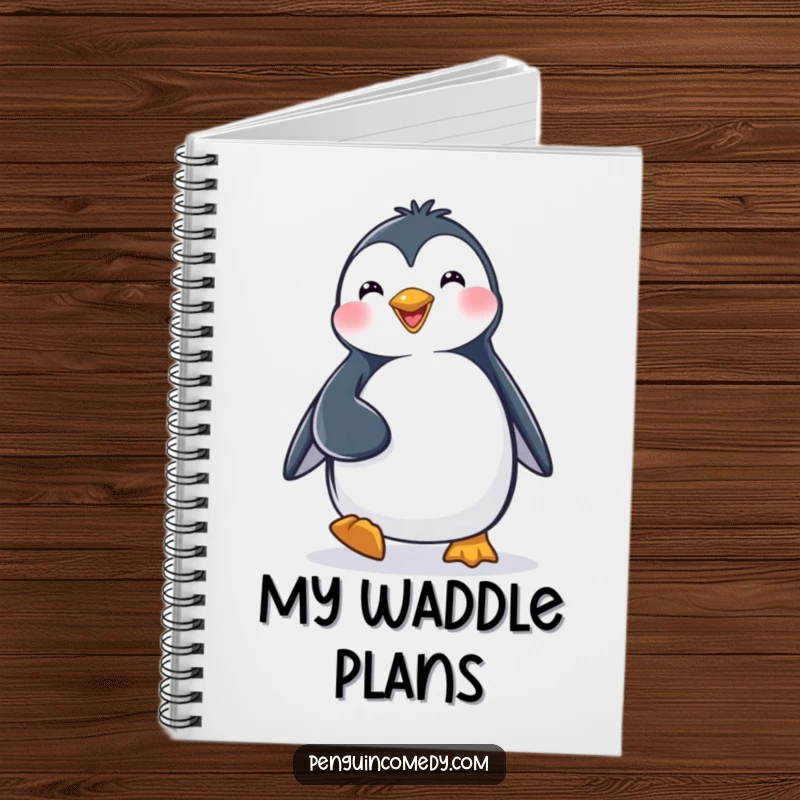 Funny Notebook: A happy penguin character waddling with a determined stride, ready to capture ideas.