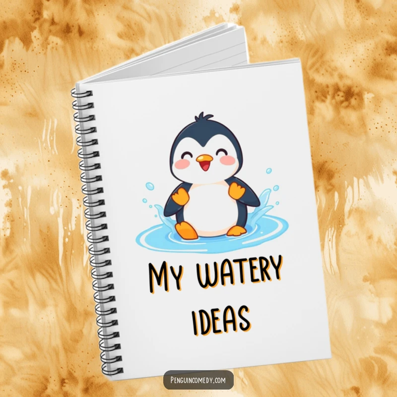 Funny Penguin Splashing Puddle Notebook, featuring a cover illustration of a penguin splashing in water, perfect for funny note-taking and creative ideas.