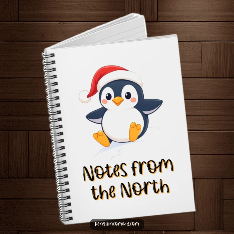 Funny notebook cover with a penguin in a Santa hat enthusiastically sliding down a snowy hill, ready for Christmas.