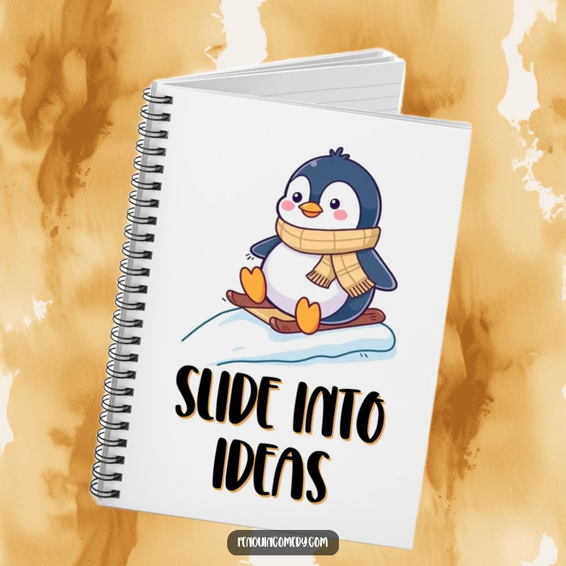 Funny notebook with a happy penguin in a scarf, joyfully sliding down an icy slope, ready for your notes.