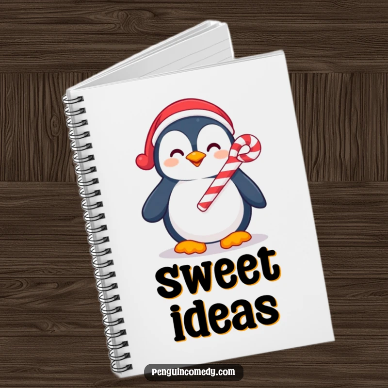 Funny notebook with a smiling penguin holding a candy cane, ideal for note-taking and brainstorming holiday ideas with a touch of humor.