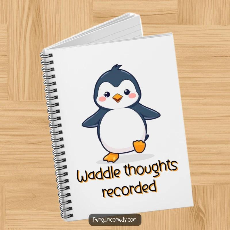 Funny penguin notebook with a cute penguin waddling with a happy stride, perfect for jotting down happy thoughts.