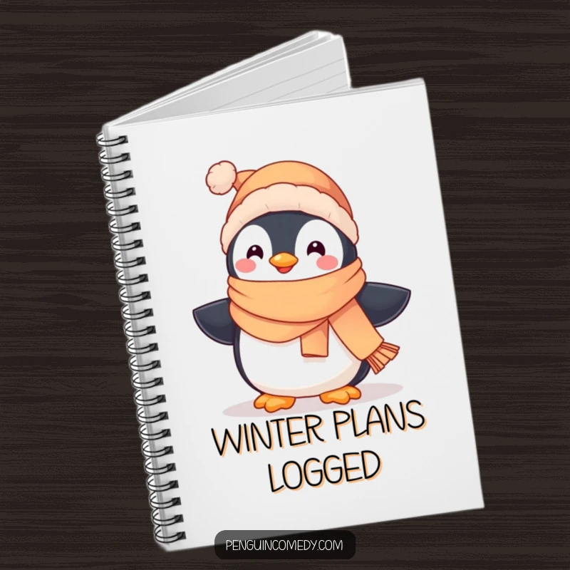 Funny ruled notebook with a cute penguin wearing a scarf and hat, waddling happily, ideal for journaling.