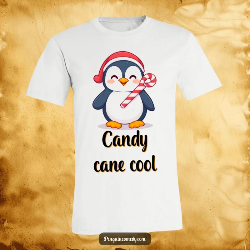 Funny t-shirt with a smiling penguin holding a candy cane, perfect for spreading holiday cheer and festive fun.