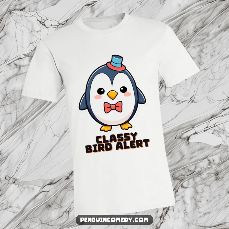 Funny penguin wearing a miniature top hat and bowtie, looking dapper on a comfortable graphic tee.