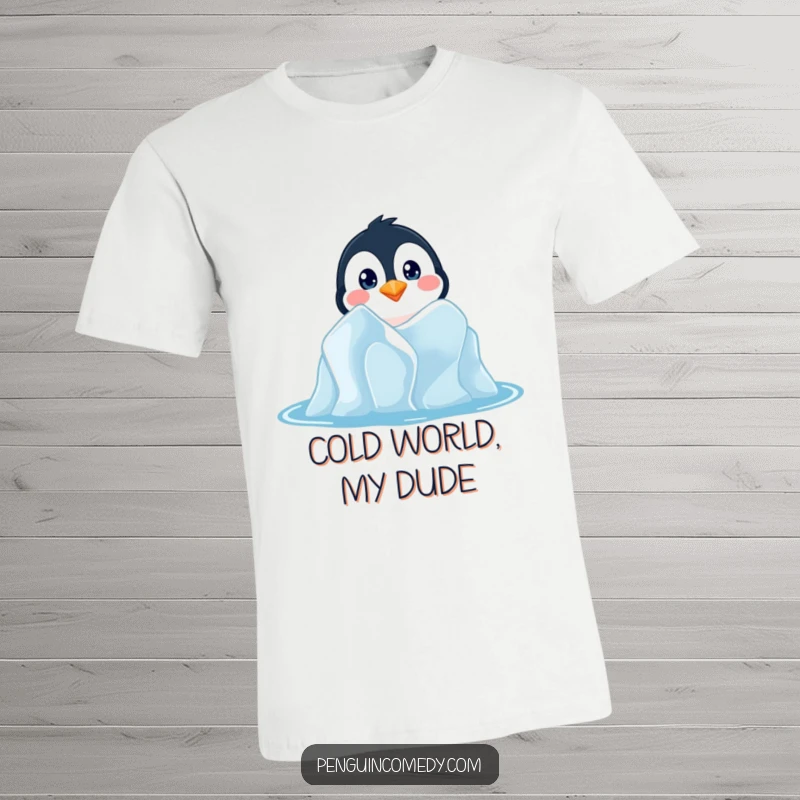 Funny t-shirt with a penguin's wide, curious eyes peeking out from an iceberg, capturing a moment of playful intrigue.