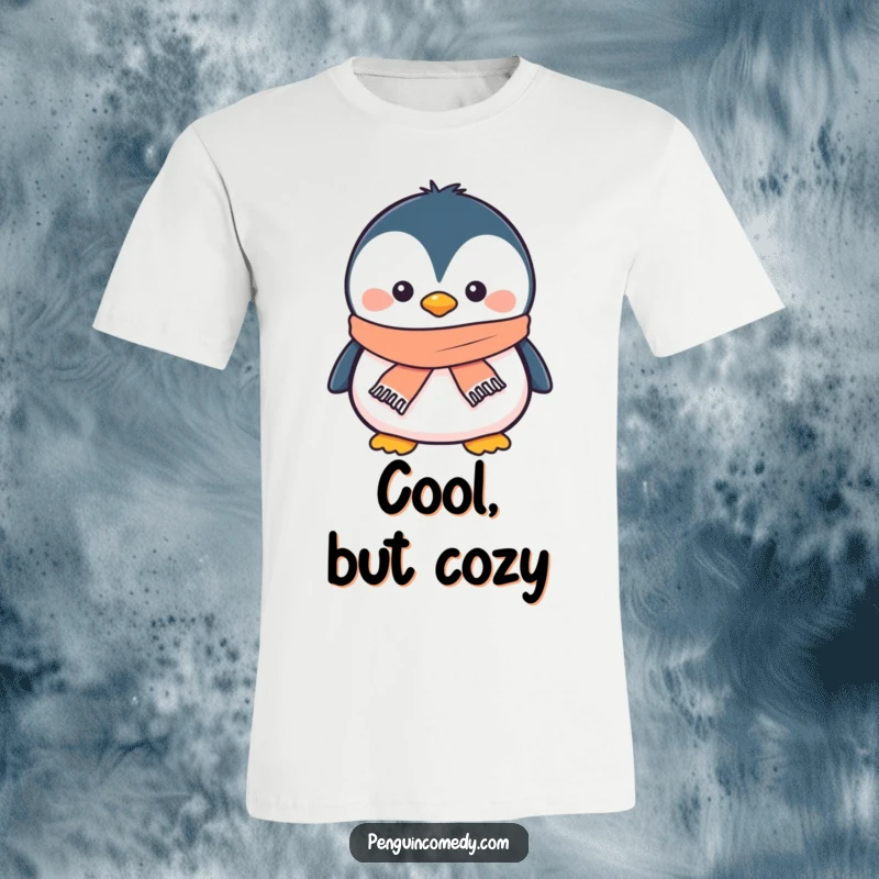 Funny penguin t-shirt with a smiling penguin wearing a tiny scarf, showcasing winter coziness and a friendly demeanor.