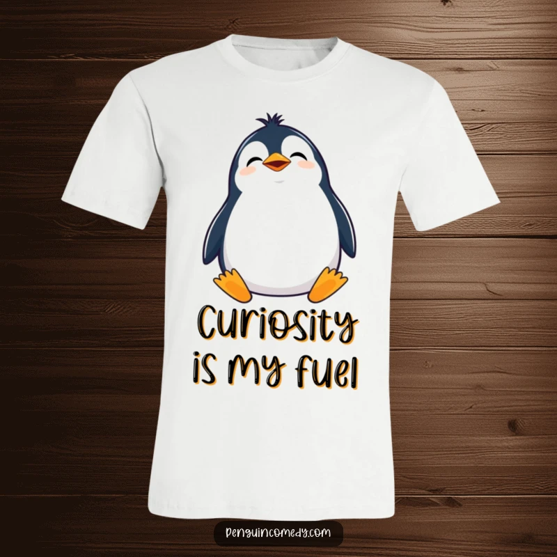 Funny t-shirt depicting a giggling penguin with a tilted head, looking curiously upwards, radiating pure joy.