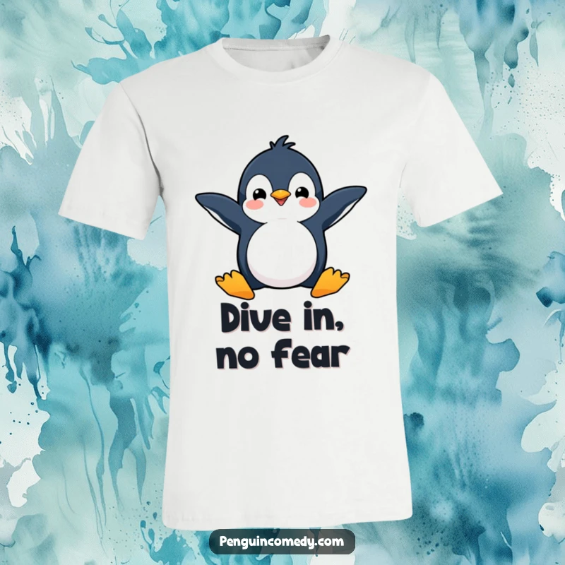 Funny t-shirt depicting a happy penguin with flippers spread wide, ready to dive into fun with excitement.