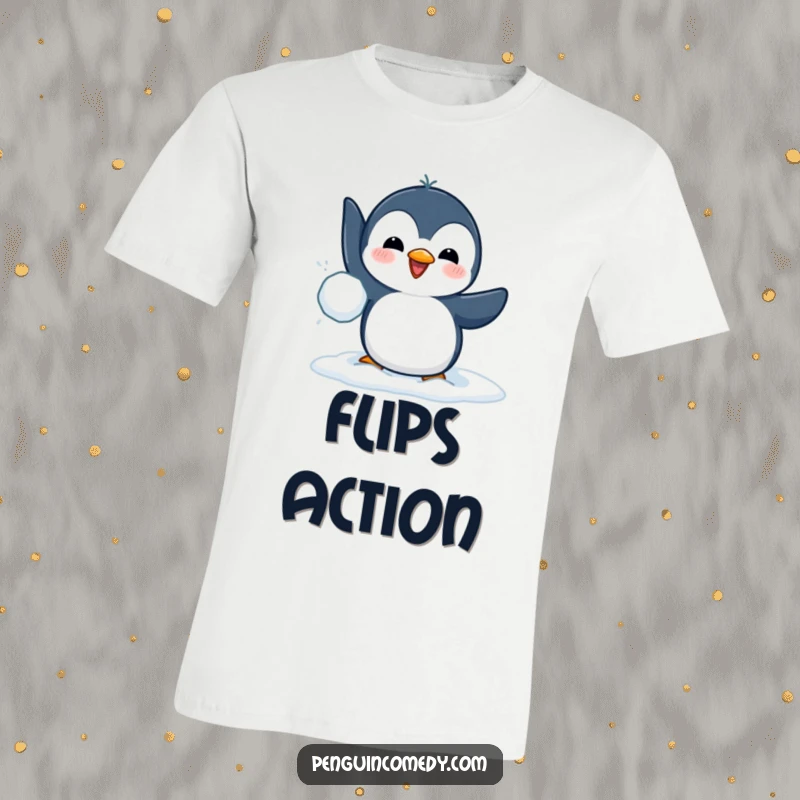 Funny t-shirt with a lively penguin gleefully launching a snowball with its flipper, perfect for outdoor fun and winter humor.