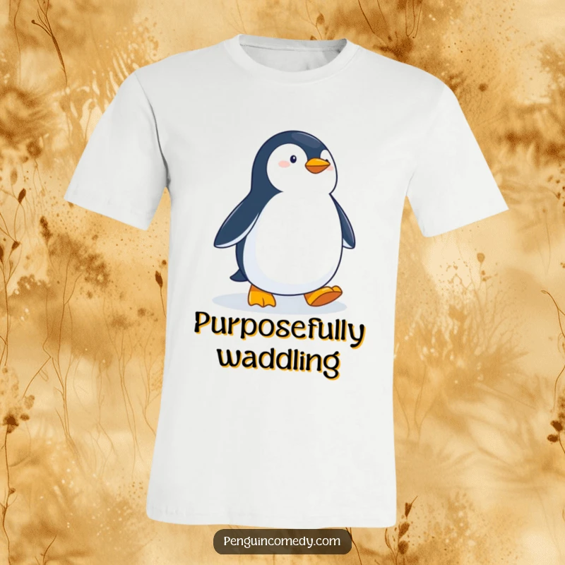 Funny Determined Penguin T-Shirt: A penguin with a focused look marches across snow, embodying determination and a touch of humor.