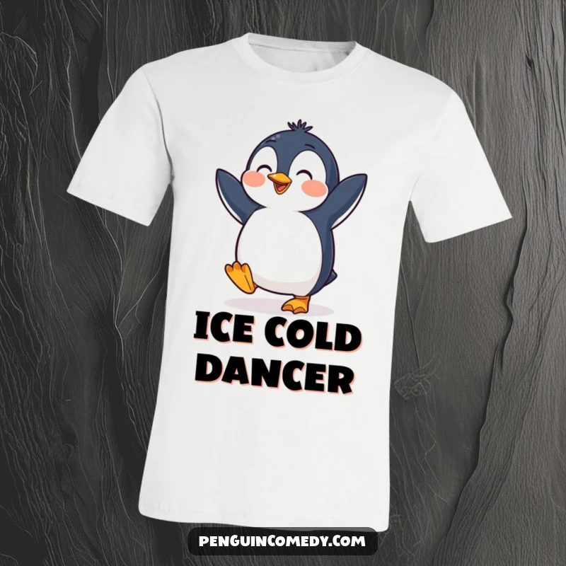 Funny penguin t-shirt with a cheerful bird captured mid-dance, its feet tapping rhythmically, showcasing pure unadulterated joy.