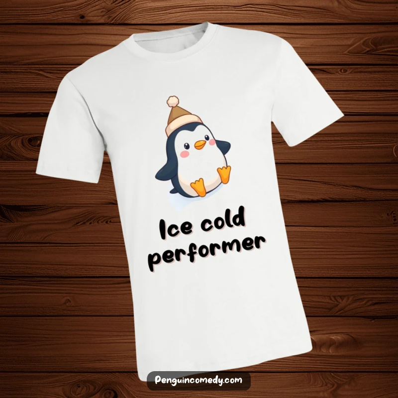 Funny Penguin Hat T-Shirt: A cute penguin with a tiny hat hilariously slides down an icy slope, capturing pure joy.