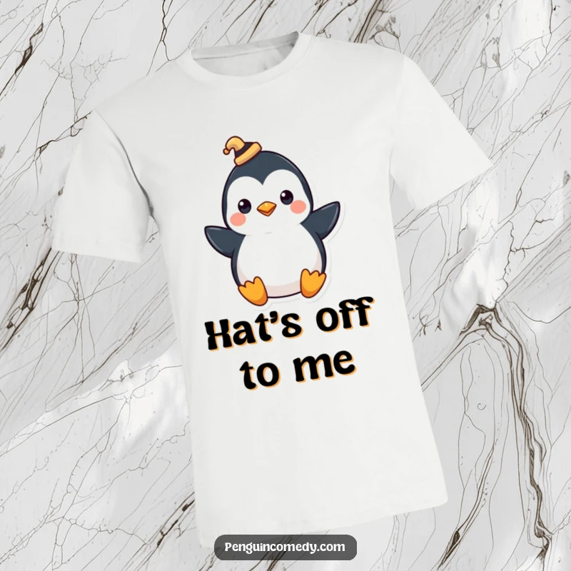 Funny t-shirt depicting a penguin wearing a tiny hat, tipping it with a distinguished flourish and playful charm.