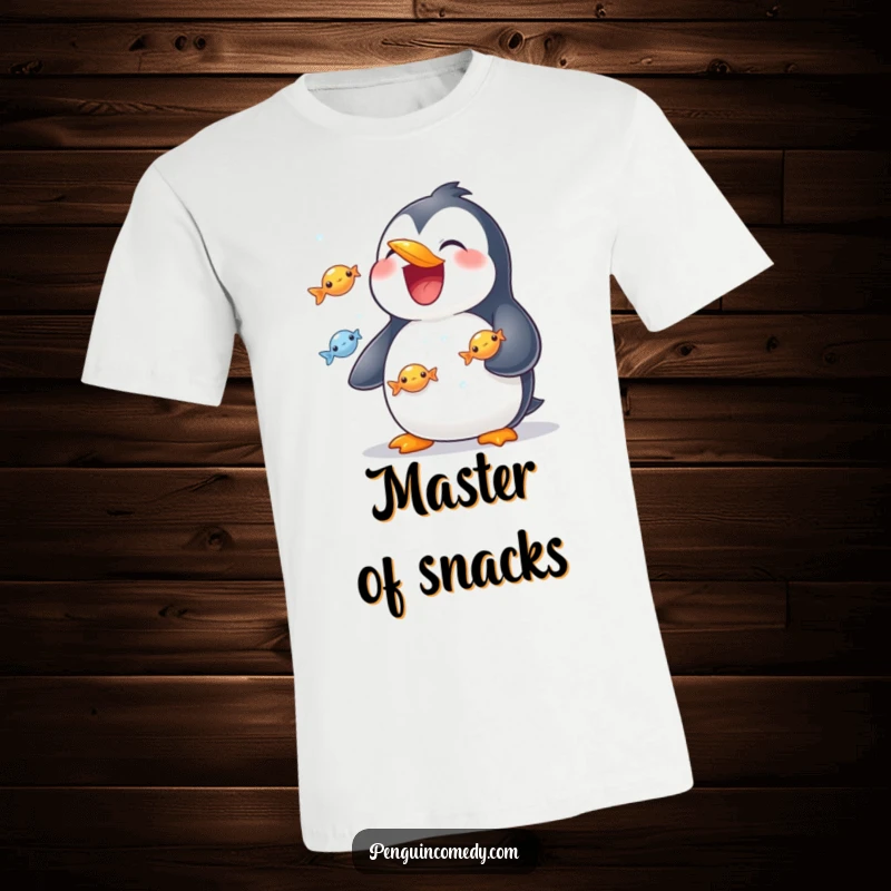 Funny t-shirt featuring a penguin with a huge grin, skillfully juggling shiny fish with its flippers.