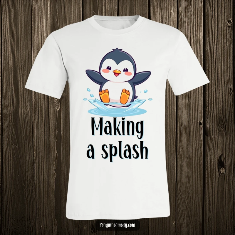 Funny t-shirt of a lively penguin captured mid-jump, flippers out, splashing into the ocean with excitement.