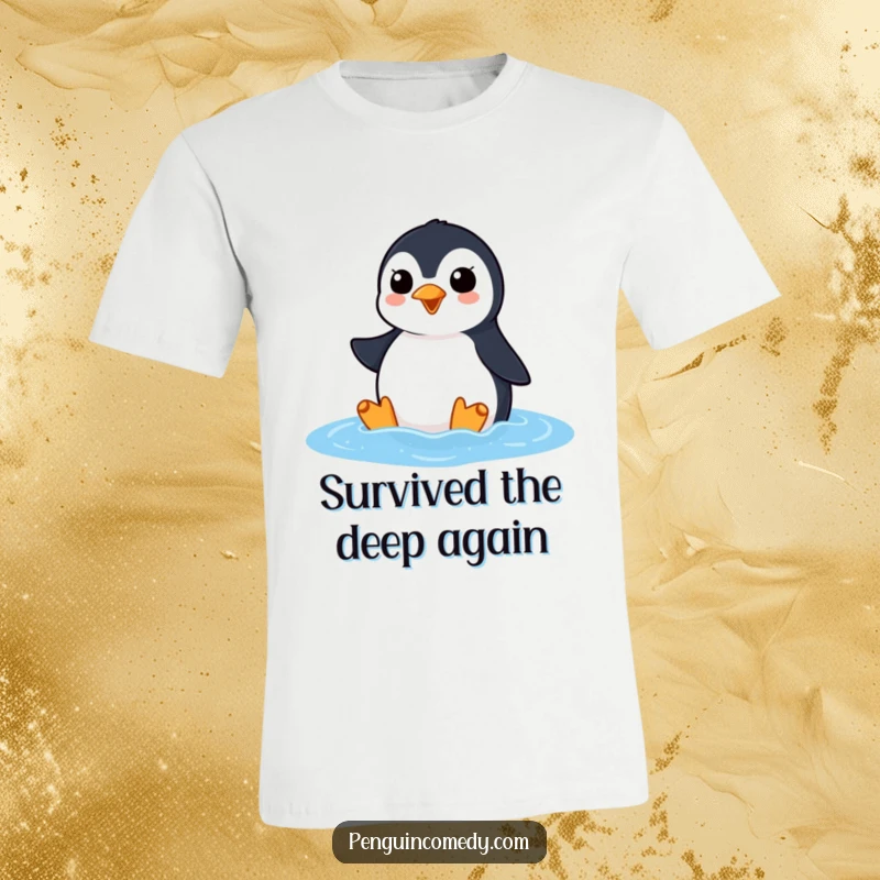 Funny penguin t-shirt depicting a penguin exuberantly squawking as it surfaces from the ocean, celebrating a happy return.