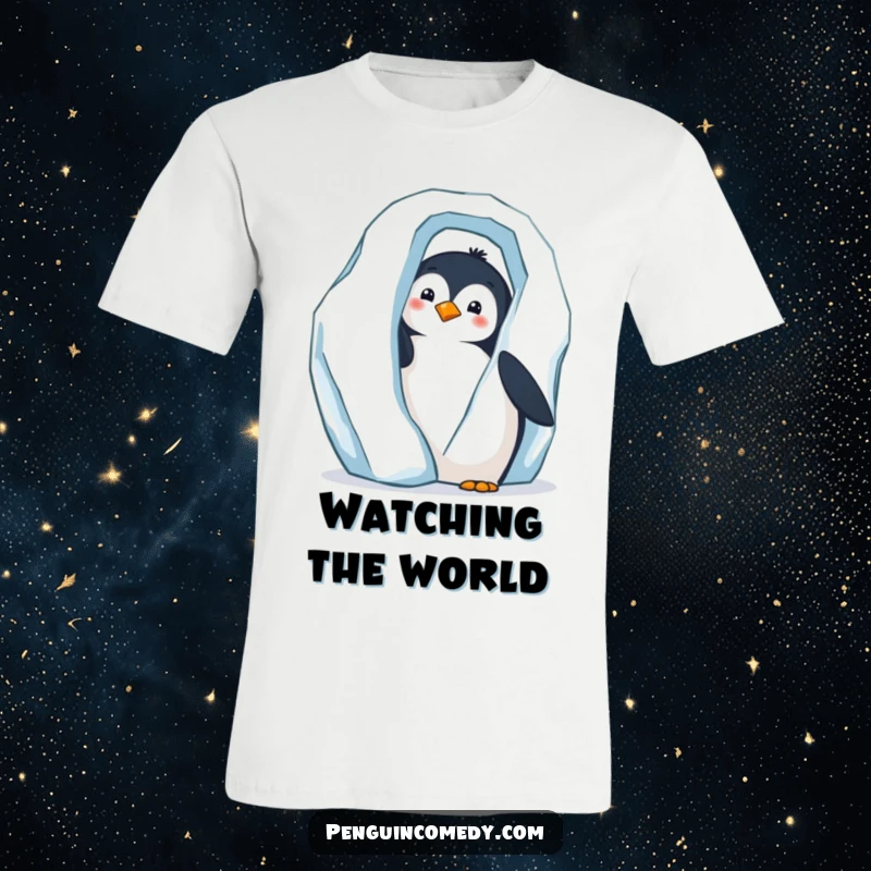 Funny t-shirt showing a curious penguin peeking out from behind a large, frosty iceberg with mischievous eyes.