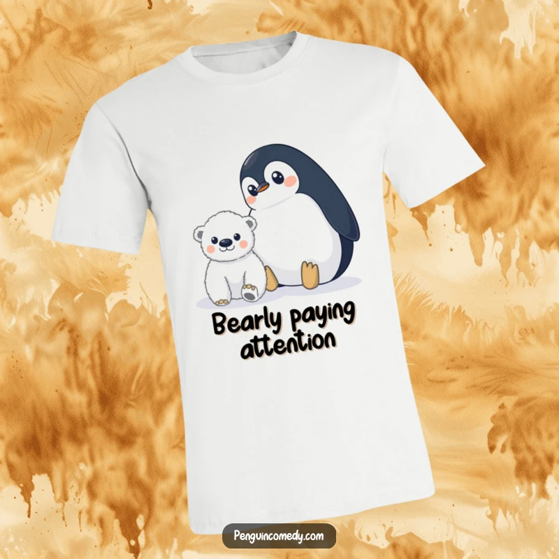 Funny penguin t-shirt with a penguin displaying wide eyes while watching a polar bear cub from afar, evoking hilarious caution.
