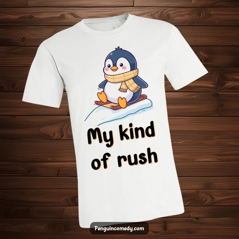 Funny t-shirt showcasing a happy penguin in a small scarf, joyfully sliding down an icy hill with a big grin.