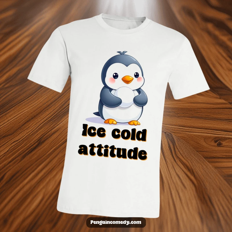 Funny t-shirt with a cute penguin holding a miniature snowball, showcasing a funny winter theme.