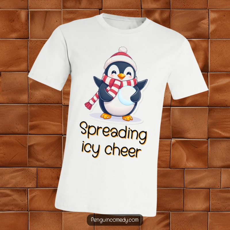 Funny Penguin T-Shirt depicting a penguin in a festive scarf holding a glowing snowball, symbolizing winter magic and holiday spirit.