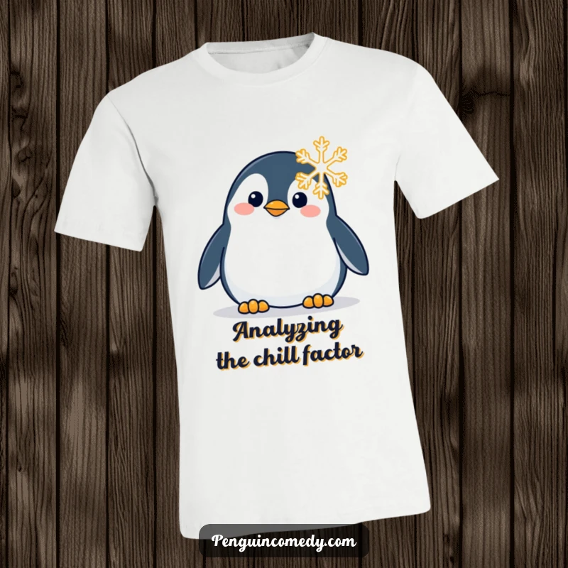 Funny t-shirt featuring a penguin with wide eyes, curiously studying a single, intricate snowflake falling from the sky.