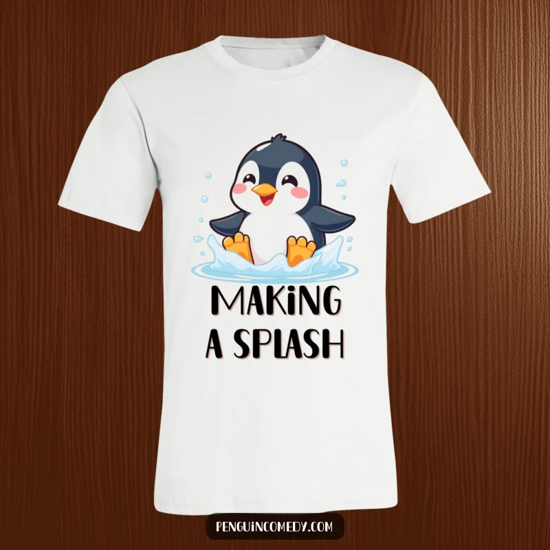 Funny t-shirt illustration of a penguin with a wide, happy grin joyfully splashing around in frigid, clear water.
